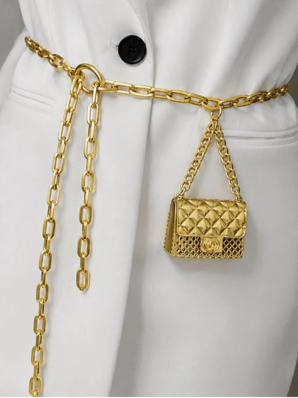 Gold Chain Link  Belt With Quilted Mini Chain Bag